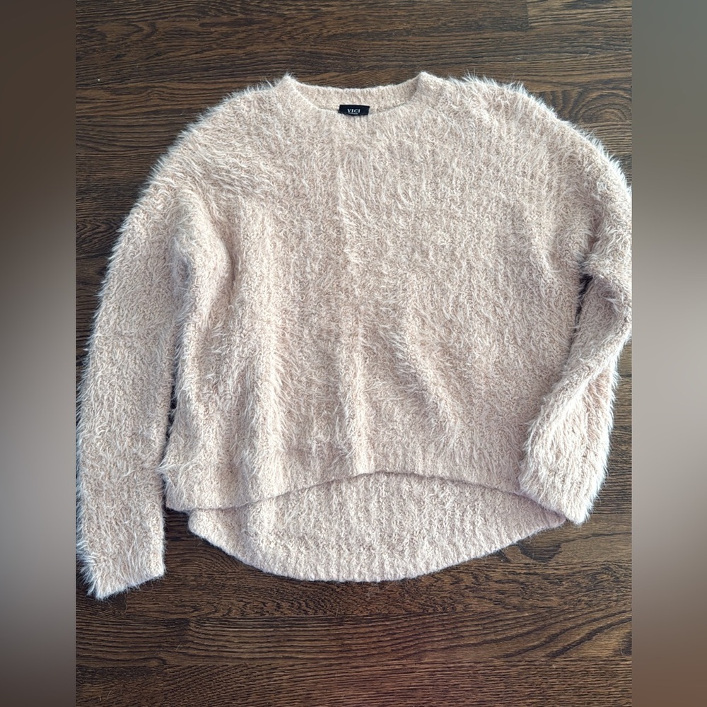 Vici Women's Fluffy Beige Crew Neck Sweater